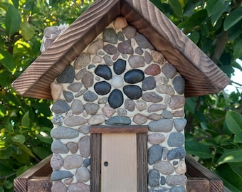 Bird Feeder, Rustic Cabin Style w/ stones covering front side & chimney