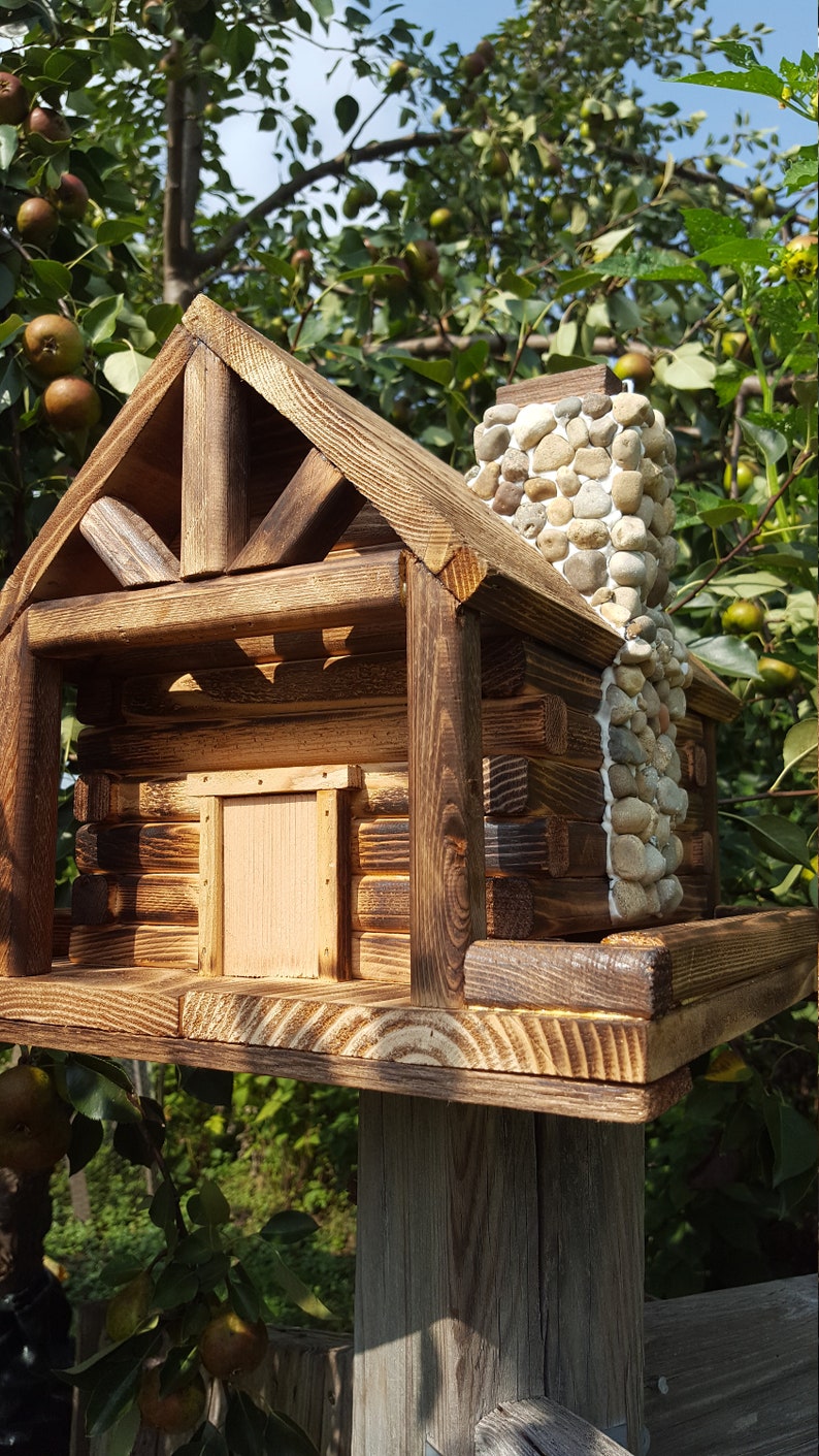Bird Feeder Log Cabin Style with Stone Chimney | Etsy