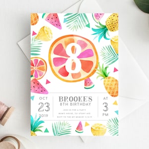 8th Birthday Invitation INSTANT DOWNLOAD eighth birthday invite, fruit, fruity party, tropical, beach party, summer invite