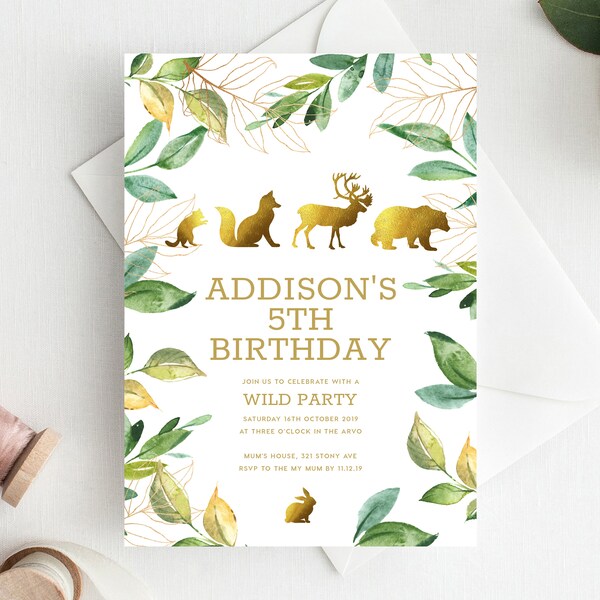 5th Birthday Invitation INSTANT DOWNLOAD fifth birthday invite, Editable Woodland Birthday Invite, Boys Birthday, Deer, Bear, Fox