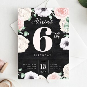 6th Birthday Invitation INSTANT DOWNLOAD sixth birthday invite, Floral Invite, Flowers, Blush Pink, Garden Party