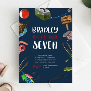 7th Birthday Invitation INSTANT DOWNLOAD seventh birthday invite Editable Fishing Birthday Invite, Boys Birthday, Gone Fishing, Fishing Rod