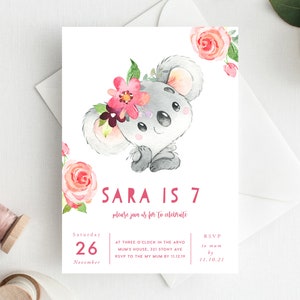 7th Birthday Invitation INSTANT DOWNLOAD seventh birthday invite koala, australian animals, koala invite, animals