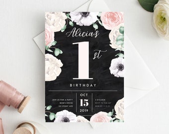 1er anniversaire Invitation INSTANT DOWNLOAD premier anniversaire inviter, Invitation florale, Fleurs, Blush Pink, Garden Party
