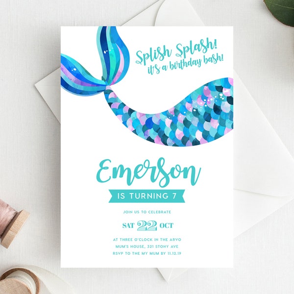 7e anniversaire Invitation INSTANT DOWNLOAD septième anniversaire inviter Editable Mermaid Birthday Invite, Girls Birthday, Under the Sea, Mermaids