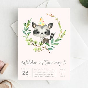 3rd Birthday Invitation INSTANT DOWNLOAD third birthday invite, raccoon, kits, raccoons party, woodland party girls invite baby animals