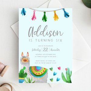 6th Birthday Invitation INSTANT DOWNLOAD sixth birthday invite, Fiesta party Invite, Llama, Mexican, Colourful