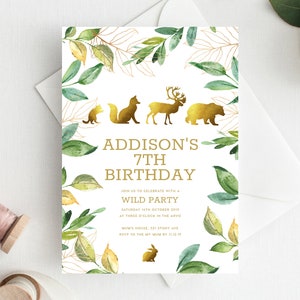 7th Birthday Invitation INSTANT DOWNLOAD seventh birthday invite Editable Woodland Birthday Invite, Boys Birthday, Deer, Bear, Fox