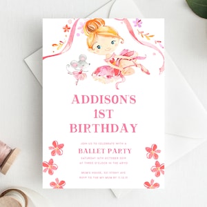 1st Birthday Invitation INSTANT DOWNLOAD first birthday invite, Editable Ballet Birthday Invite, Girls Birthday, Ballerina, Dance
