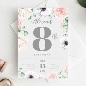 8th Birthday Invitation INSTANT DOWNLOAD eighth birthday invite, Floral Invite, Flowers, Blush Pink, Garden Party
