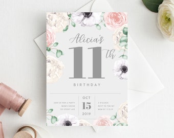 11th Birthday Invitation INSTANT DOWNLOAD eleventh birthday invite, Floral Invite, Flowers, Blush Pink, Garden Party