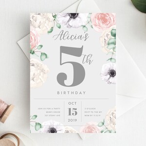 5th Birthday Invitation INSTANT DOWNLOAD fifth birthday invite, Floral Invite, Flowers, Blush Pink, Garden Party