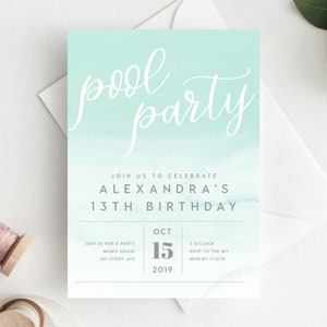 13th Birthday Invitation INSTANT DOWNLOAD thirteenth birthday invite Pool party Invite, Swimming, Ombre, Pool