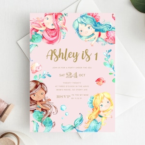 1st Birthday Invitation INSTANT DOWNLOAD first birthday invite, Editable Mermaid Birthday Invite, Girls Birthday, Under the Sea, Mermaids