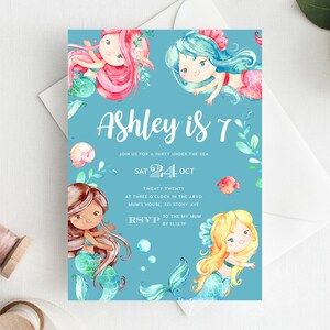 7th Birthday Invitation INSTANT DOWNLOAD seventh birthday invite Editable Mermaid Birthday Invite, Girls Birthday, Under the Sea, Mermaids