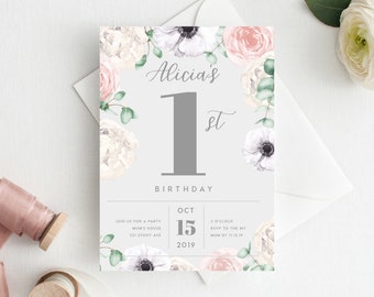 1st Birthday Invitation INSTANT DOWNLOAD first birthday invite, Floral Invite, Flowers, Blush Pink, Garden Party