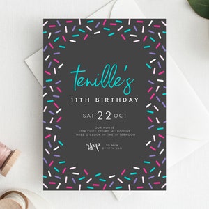 11th Birthday Invitation INSTANT DOWNLOAD eleventh birthday invite, Sprinkle Party, Donuts, Candy, Rainbow, Rainbow Confetti