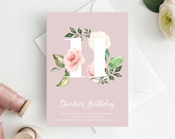 11th Birthday Invitation INSTANT DOWNLOAD eleventh birthday invite, Floral Invite, Flowers, Blush Pink, Garden Party