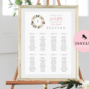 May include: A framed seating chart for a First Holy Communion, featuring a floral wreath and a pink cross. The chart lists names under table numbers. A pink circle with a horse silhouette and "INSTANT DOWNLOAD" text is in the corner.
