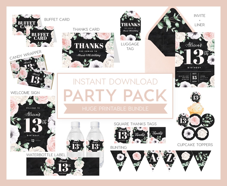 invite birthday package templett boys birthday Floral Printable Birthday Pack Bundle INSTANT DOWNLOAD Totally editable girls birthday