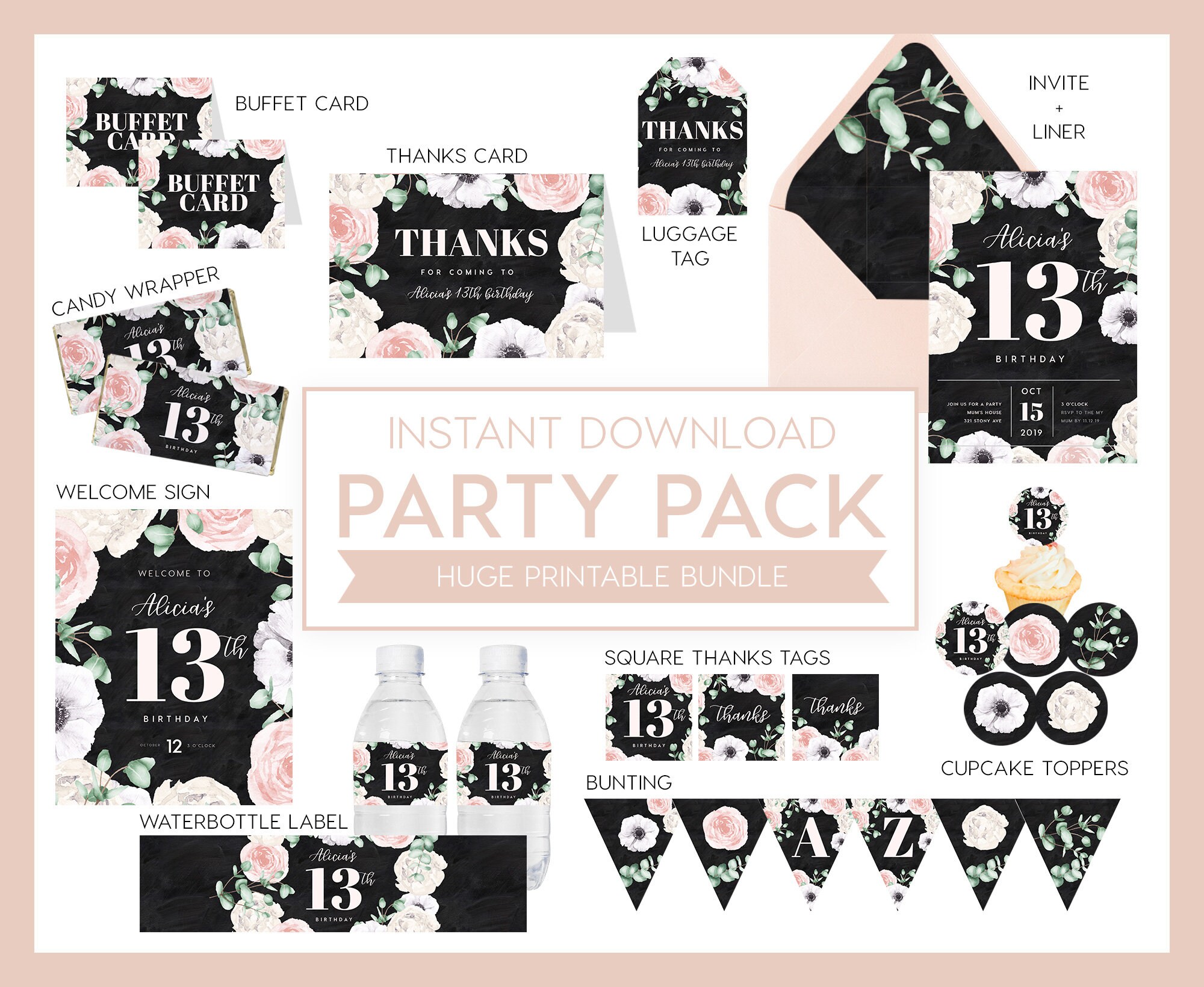 Floral Printable Birthday Pack Bundle INSTANT DOWNLOAD Totally Editable ...