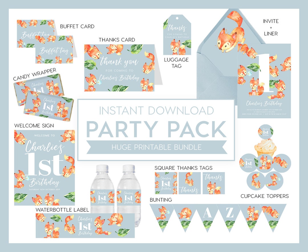 Fox Printable Birthday Pack Bundle INSTANT DOWNLOAD Totally Editable ...