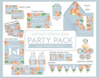 Fox Printable Birthday Pack Bundle INSTANT DOWNLOAD Totally editable, templett, birthday package, girls birthday, boys birthday, invite