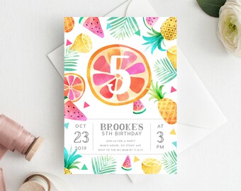 5th Birthday Invitation INSTANT DOWNLOAD fifth birthday invite, fruit, fruity party, tropical, beach party, summer invite