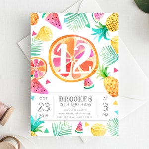 12th Birthday Invitation INSTANT DOWNLOAD twelth birthday invite, fruit, fruity party, tropical, beach party, summer invite