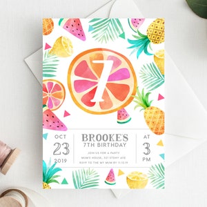 7th Birthday Invitation INSTANT DOWNLOAD seventh birthday invite fruit, fruity party, tropical, beach party, summer invite