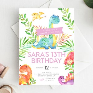 13th Birthday Invitation INSTANT DOWNLOAD thirteenth birthday, Editable Dinosaur Birthday Invite, Girls Birthday, T Rex, Jurassic Birthday