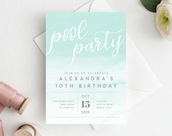 10th Birthday Invitation INSTANT DOWNLOAD tenth birthday invite, Pool party Invite, Swimming, Ombre, Pool