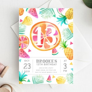 13th Birthday Invitation INSTANT DOWNLOAD thirteenth birthday invite fruit, fruity party, tropical, beach party, summer invite