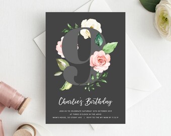 9th Birthday Invitation INSTANT DOWNLOAD ninth birthday invite, Floral Invite, Flowers, Blush Pink, Garden Party