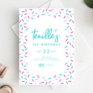 1st Birthday Invitation INSTANT DOWNLOAD first birthday invite, Sprinkle Party, Donuts, Candy, Rainbow, Rainbow Confetti