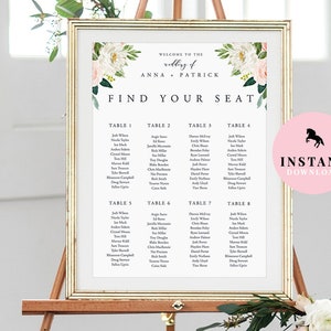 May include: A white wedding seating chart with floral accents. The chart lists the names of guests assigned to each table. The text at the top reads "Welcome to the wedding of Anna & Patrick Find Your Seat".