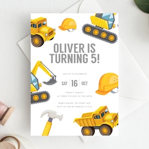 5th Birthday Invitation INSTANT DOWNLOAD fifth birthday invite, Editable Construction Birthday Invite, Boys Birthday, Digger, Builder