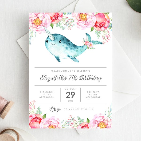 7th Birthday Invitation INSTANT DOWNLOAD seventh birthday invite Ocean party Invite, Under the Sea, Narwhal