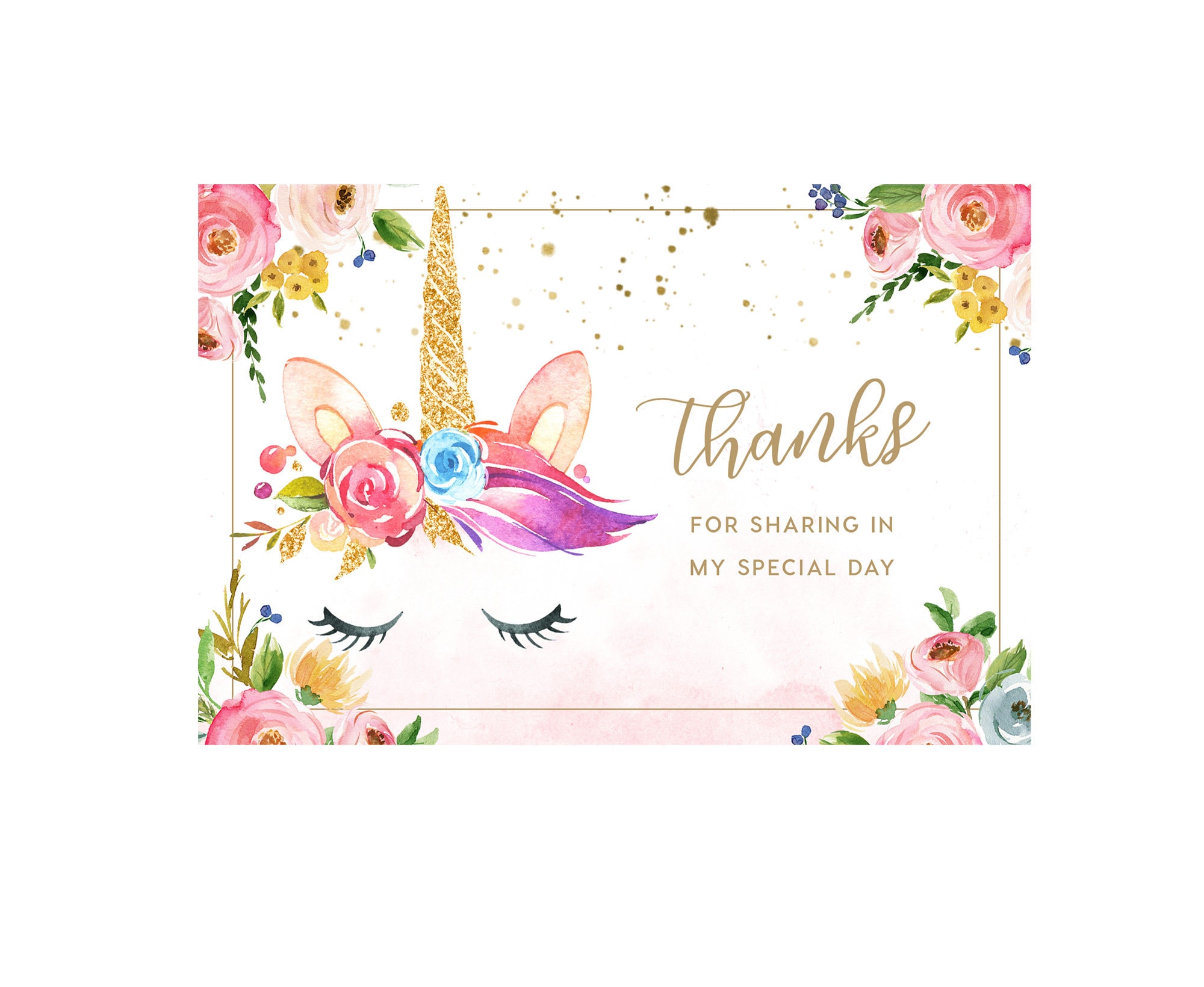 Unicorn Flat Thank You Card INSTANT DOWNLOAD, Printable Thanks Note Tag ...
