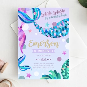 13th Birthday Invitation INSTANT DOWNLOAD thirteenth birthday, Editable Mermaid Birthday Invite, Girls Birthday, Under the Sea, Mermaids