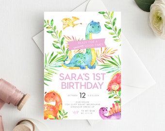 1st Birthday Invitation INSTANT DOWNLOAD first birthday invite, Editable, Dinosaur Birthday Invite, Girls Birthday, T Rex, Jurassic Birthday