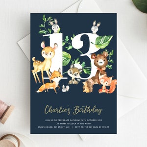13th Birthday Invitation INSTANT DOWNLOAD thirteenth birthday, Editable Woodland Birthday Invite, Boys Birthday, Deer, Bear, Fox