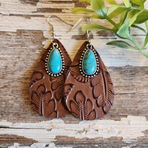 Tooled Leather Earrings Turquoise Cowgirl Large Brown Western