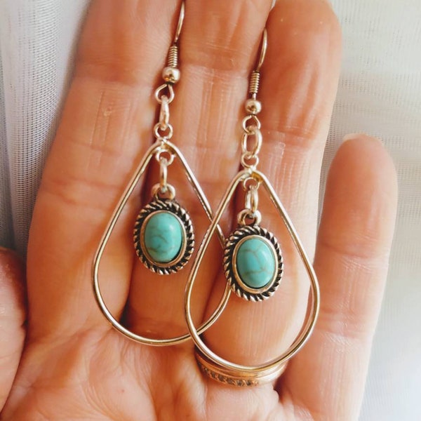 Turquoise Earrings, Hoops, Western, Cowgirl, Southwestern, Punchy, Dangle and Drop,  Simple