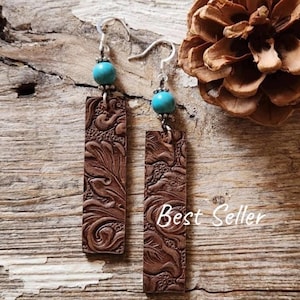 Tooled Leather Earrings, Brown, Drop, Country, Rustic, Handcrafted