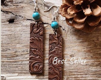 Tooled Leather Earrings, Brown, Drop, Country, Rustic, Handcrafted