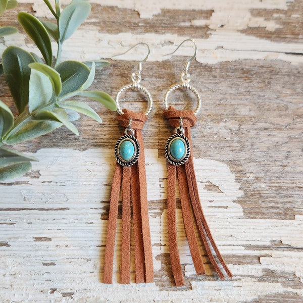 Western Leather Earrings, Turquoise, Southwestern, Fringe, Cowgirl, Suede