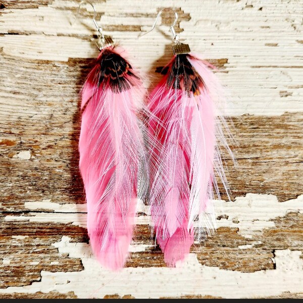 Feather Earrings, Boho, Pink, Long, Gypsy, Dangle and Drop