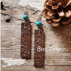 Tooled Leather Earrings, Western, Brown, Valentines, Drop, Country, Rustic, Handcrafted