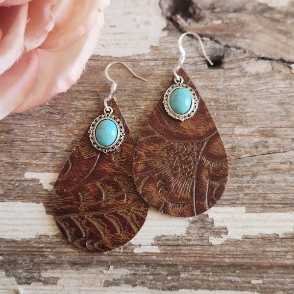 Tooled Leather Earrings, Turquoise, Cowgirl, Large Brown, Western, Teardrop, Southern, Valentines